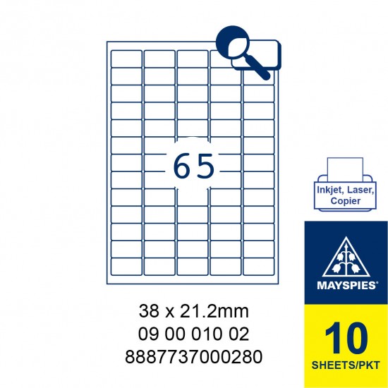 MAYSPIES 09 00 010 02 LABEL FOR INKJET / LASER / COPIER 10 SHEETS/PKT WHITE  38 X 21.2MM